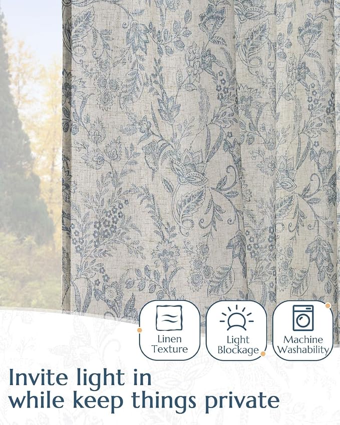 Vangao Lined Linen Curtains for Bedroom Floral Curtains 84 Inches Long Blue - Image 4