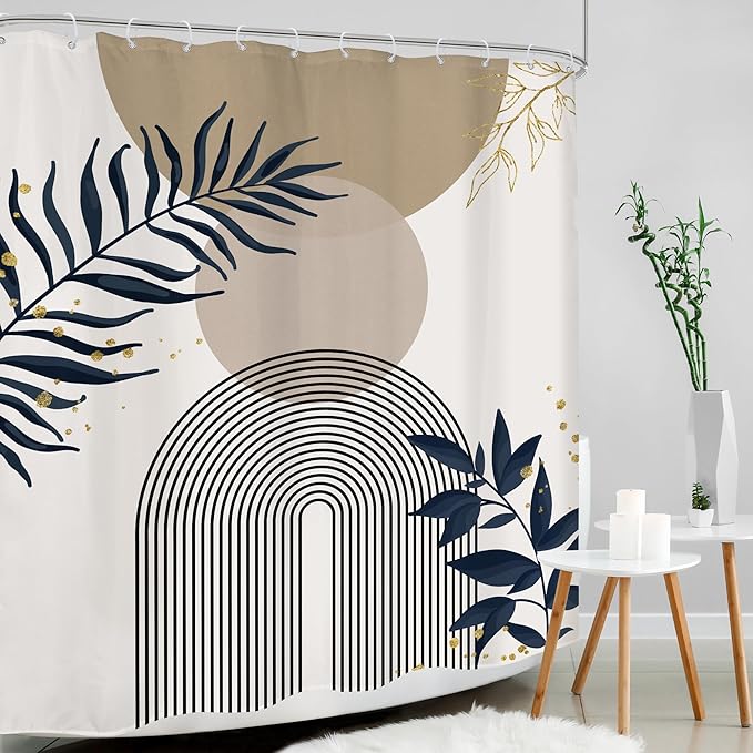 Boho Shower Curtain 60Wx72H Modern Mid Century Abstract Gold Leaves Bohemian - Image 2