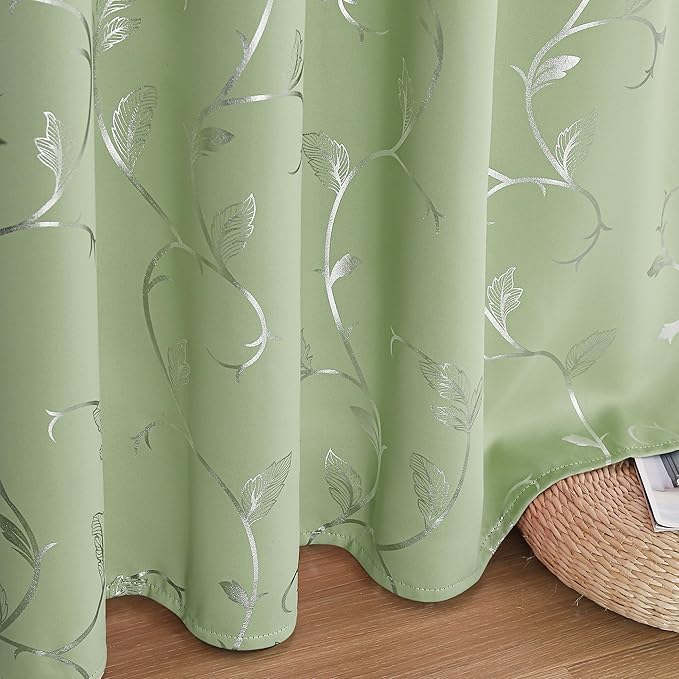 BUHUA Blackout Curtains Silver Foil Print Flower Vine Grommet Drapes, Room - Image 7