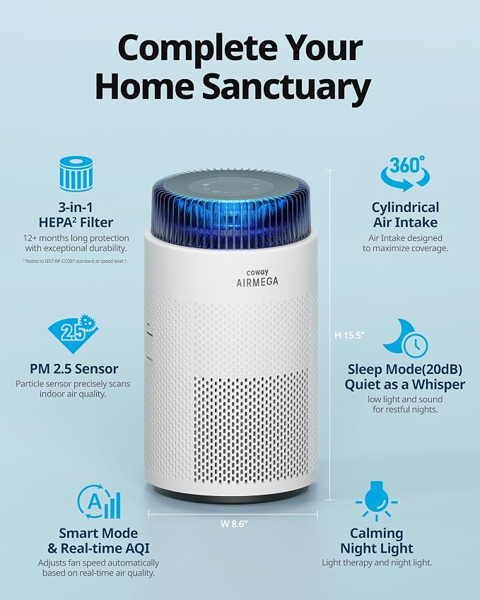 COWAY Air Purifiers for Home up to 810 ft², HEPA and Carbon Filter for Smoke - Image 2