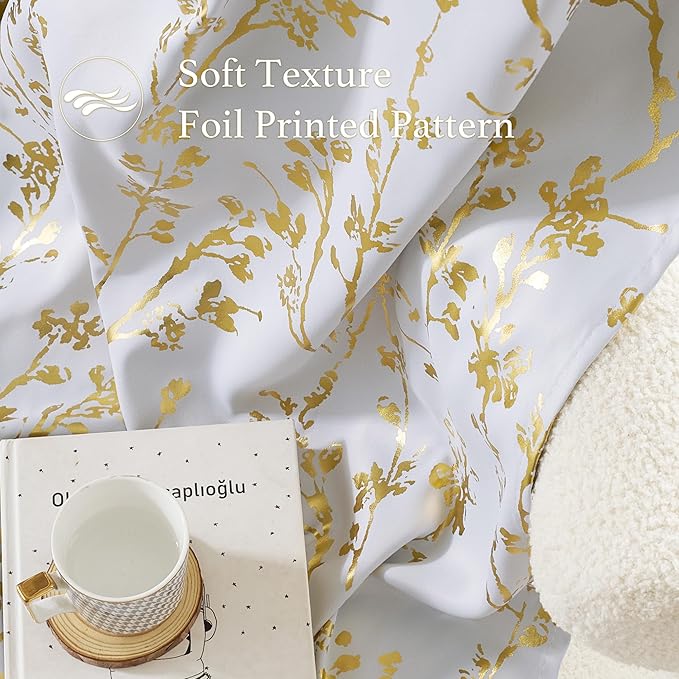 NICETOWN 100% Blackout White Curtains 63 inch Long, Grommet Branch Pattern Gold - Image 3