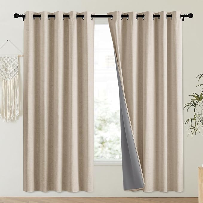 NICETOWN Cream 100% Blackout Linen Curtains 72 inch Long Burg - Image 2