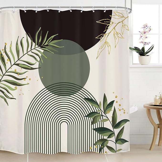 Dark Green Boho Shower Curtain 72Wx72H Black Bohemian Modern Abstract Plant by MitpokBrand