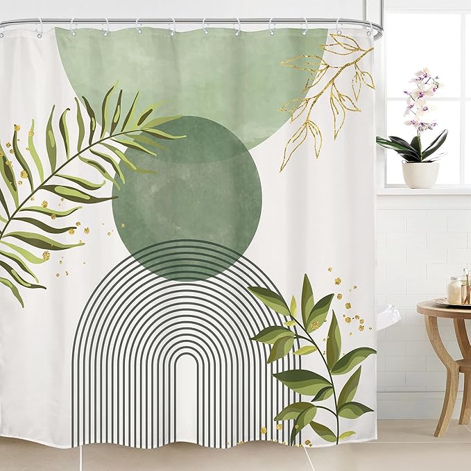 Sage Green Boho Shower Curtain 72Wx72H Modern Abstract Bohemian Leaves by MitpokBrand
