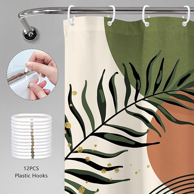 Green Boho Shower Curtain 60Wx72H Abstract Bohemian Modern Leaves Mid Century - Image 6