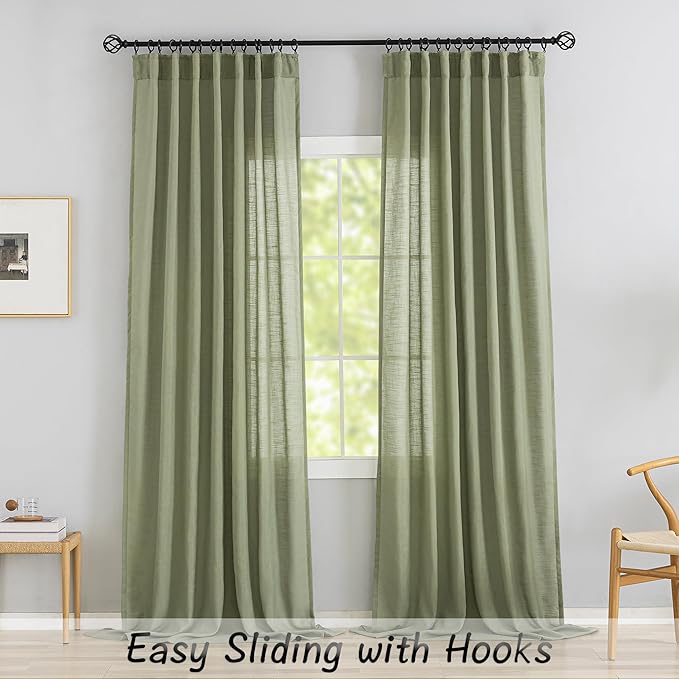 DONREN Light Green Sage Linen Back Tab Curtains 92 Inches Long 2 Panels Set - Image 2