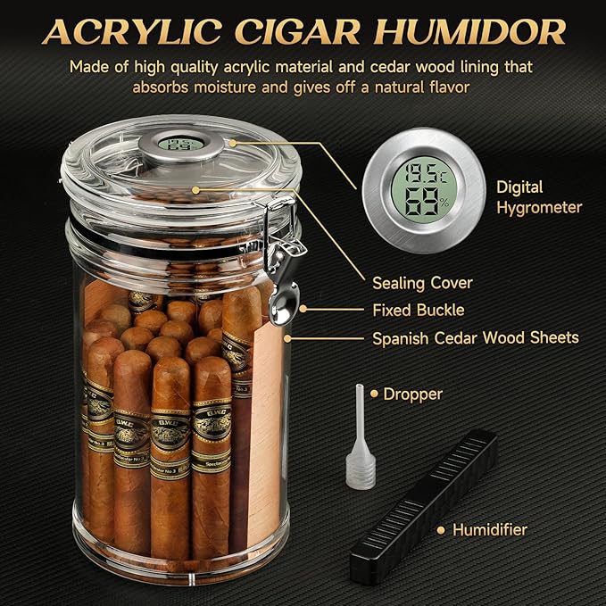 XIFEI Acrylic Humidor Jar with Digital Hygrometer, Tall Design Storage Case - Image 2