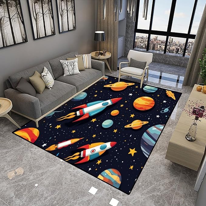 Shag Carpet, Rocket and Planet Pattern Printing Anti-Slip Backing Area Rugs - Image 4