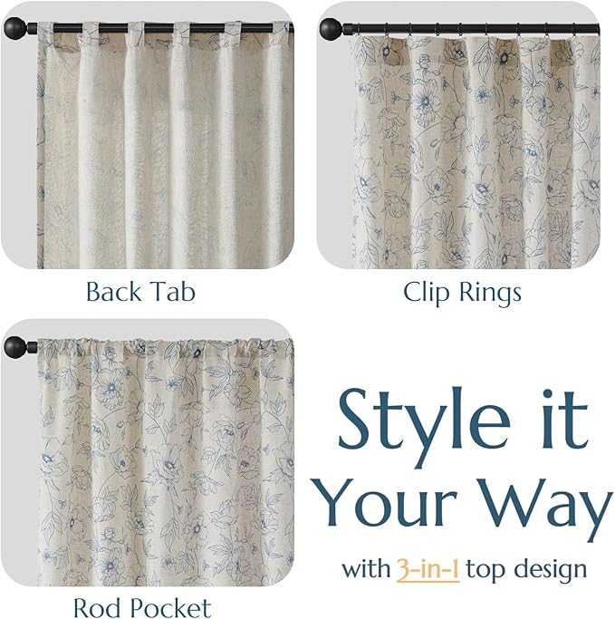 jinchan Floral Linen Curtains for Living Room 84 Inch Length Blue Flower - Image 5