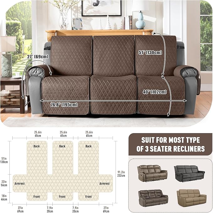 TAOCOCO 100% Waterproof Recliner Cover, Non-Slip Washable Reclining Couch Cover - Image 3