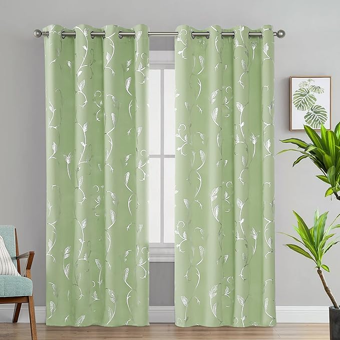 BUHUA Blackout Curtains Silver Foil Print Flower Vine Grommet Drapes, Room - Image 2
