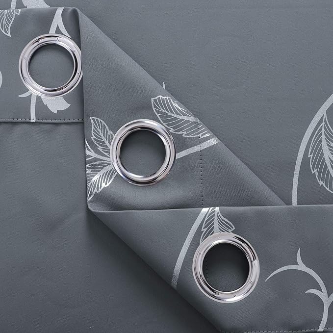 BUHUA Flower Print Blackout Curtains Thermal Insulated Window Curtains Silver - Image 4
