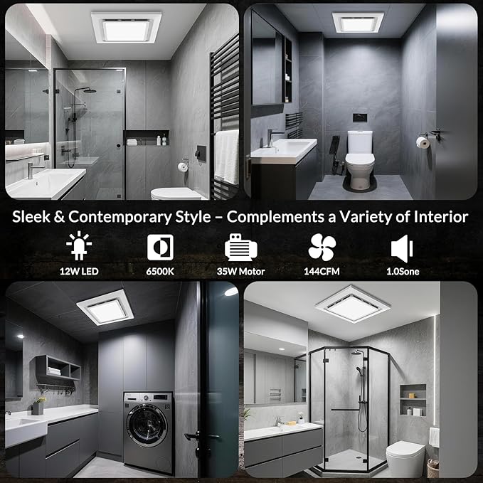TEPU Bathroom Exhaust Fan with Light 144 CFM, 11.8In Grille, Cutout Size 9.8" x - Image 6