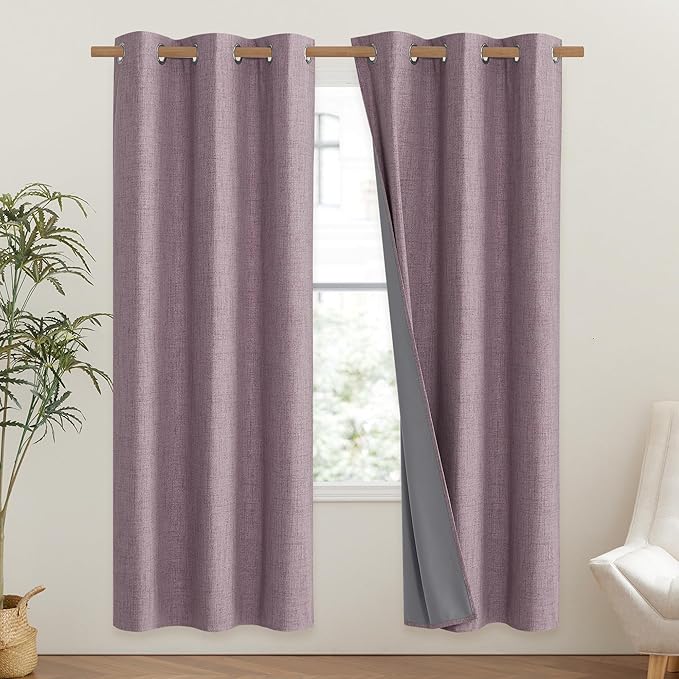 NICETOWN Chaise Mauve Vintage Linen 100% Blackout Curtains - Image 2