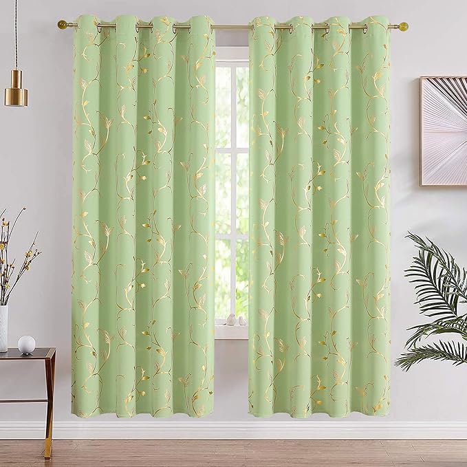 BUHUA Blackout Curtains Gold Foil Print Flower Vine Grommet Drapes, Room - Image 2