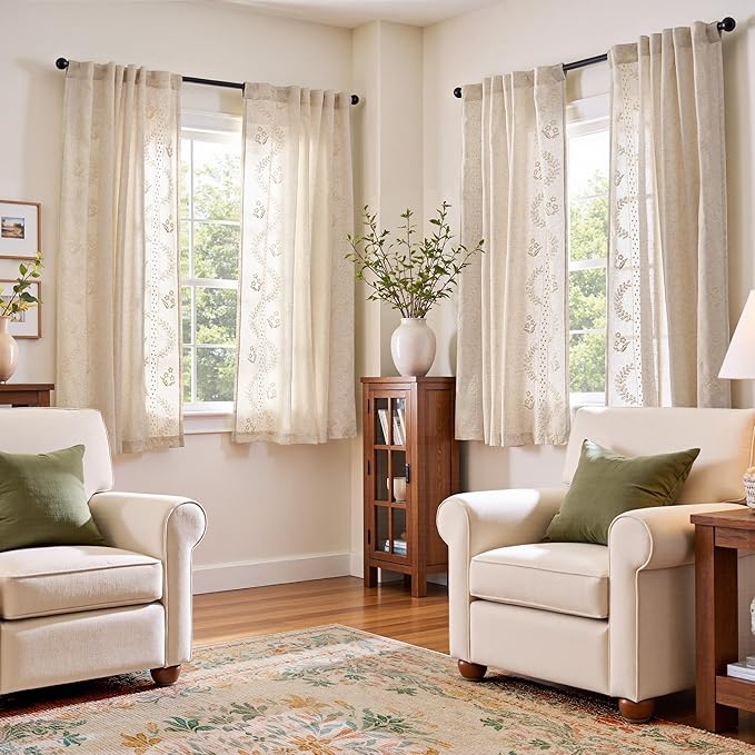 jinchan Belrose Linen Curtains for Bedroom Floral Curtains 63 Inch Length Linen by JINCHAN