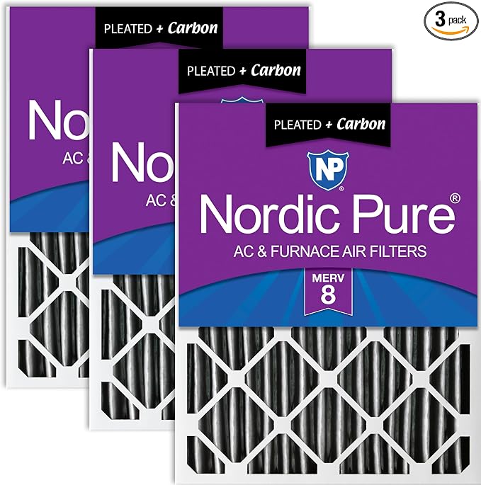 Nordic Pure 20x24x2 Pleated MERV 8 Plus Carbon Air Filters 3 Pack | Actual by NordicPure
