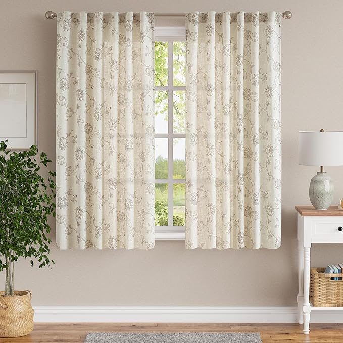 Jinchan Linen Floral Curtains 63 Inch Length - Image 2
