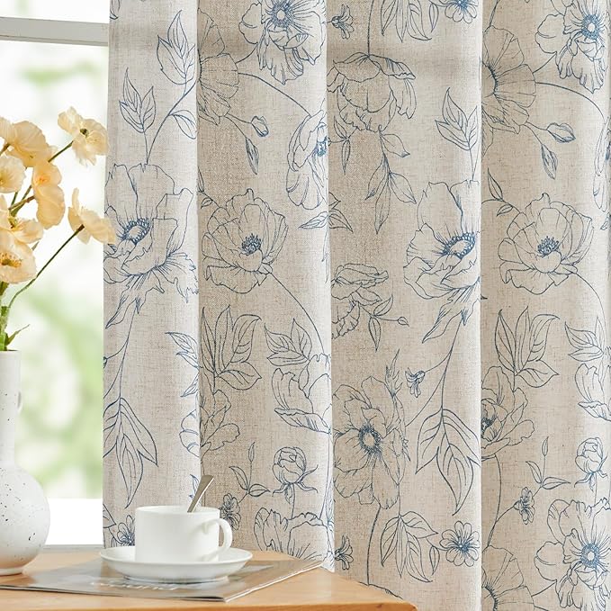jinchan Floral Linen Curtains for Living Room 84 Inch Length Blue Flower by JINCHAN
