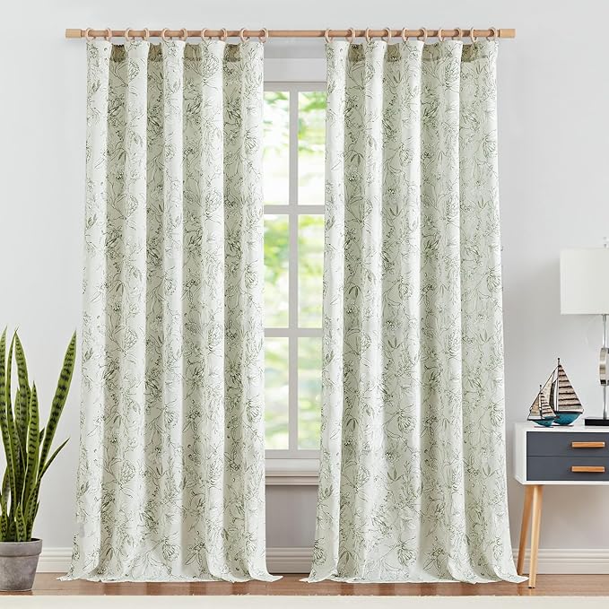 jinchan Floral Curtains 108 Inch Length Sage Green Flower Linen Farmhouse - Image 2