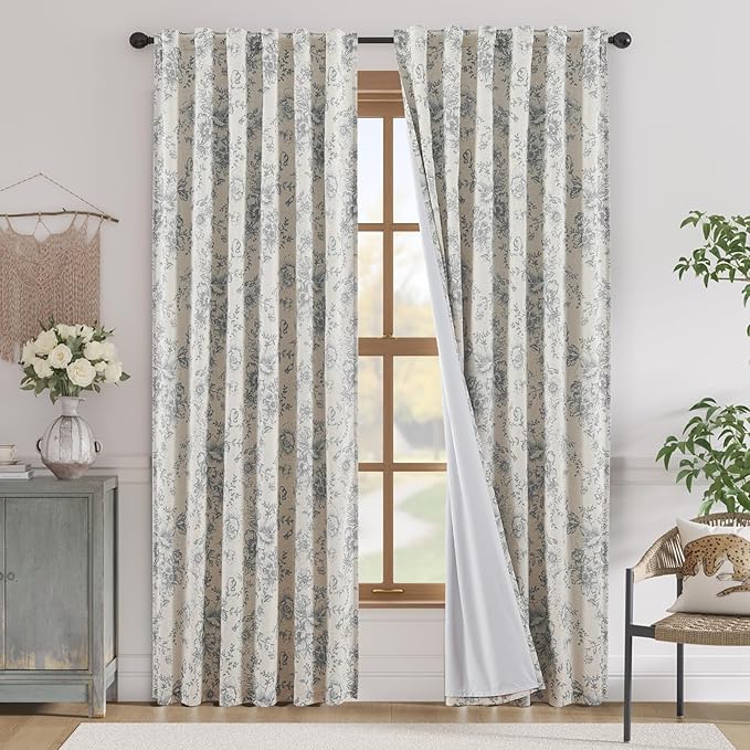 jinchan Blackout Linen Blend Curtain Grey Floral Blackout Curtains by JINCHAN