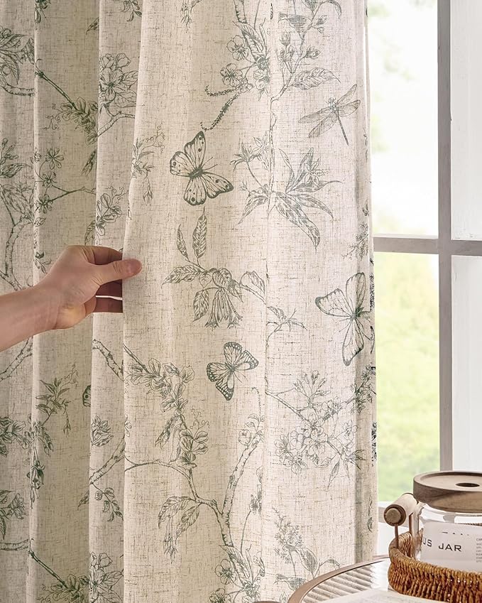 jinchan Floral Linen Curtains for Living Room 84 Inch Length Butterfly Curtain - Image 3