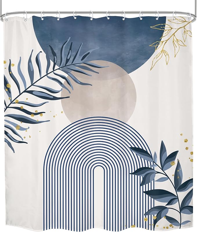 Blue Gray Boho Shower Curtain Dusty Blue Gold Leaves Modern Bohemian Abstract - Image 8