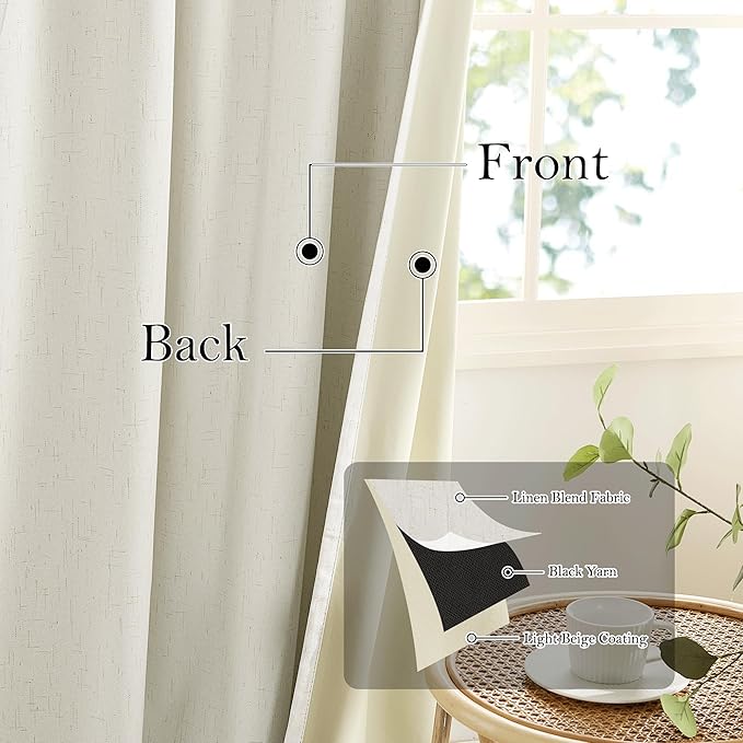RYB HOME Cream White Linen Blackout Curtains, 100% Blackout Thermal Insulated - Image 3