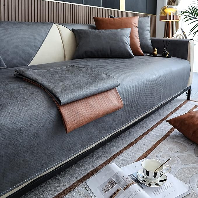 Faux Leather Waterproof Couch Sofa Cover Vintage PU Sectional Couch Cover Non - Image 4