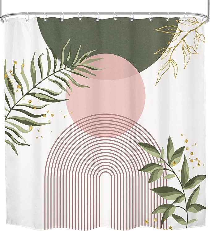 Green Pink Boho Shower Curtain 72Wx72H Modern Bohemian Abstract Sage Green Gold - Image 6