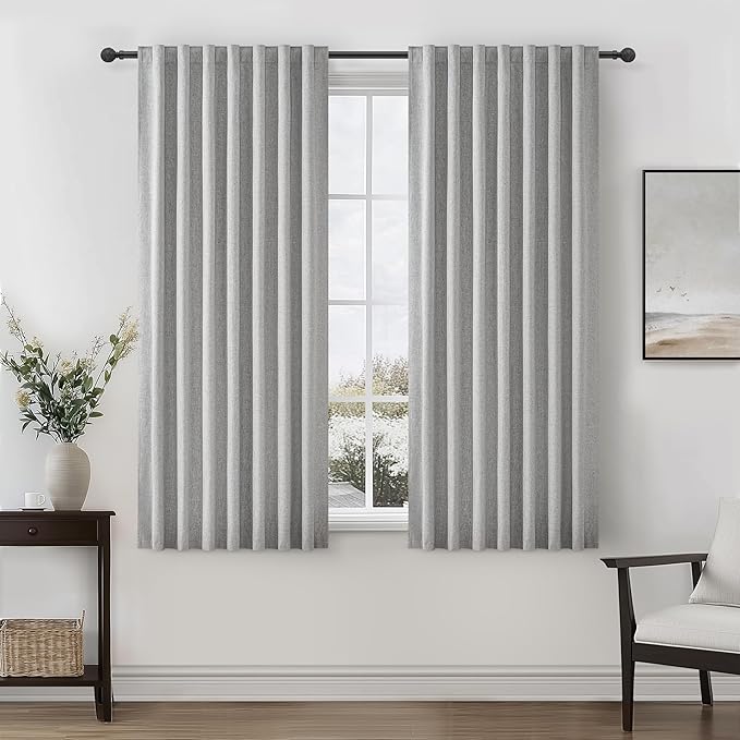 Grey 100% Blackout Curtains 45 Inches Long 2 Panels Set, Short Linen Heat by QJMYDECO