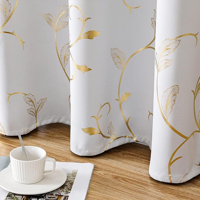 BUHUA Blackout Curtains Gold Foil Print Flower Vine Grommet Drapes, Room - Image 6