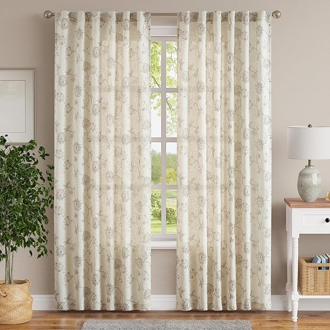 jinchan Linen Curtains Floral Curtain 84 Inch Length - Image 2