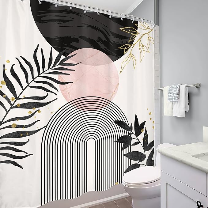 Black Pink Boho Shower Curtain Mid Century Modern Abstract Bohemian Minimalist - Image 4