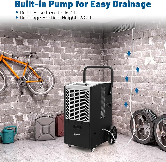 COSTWAY 163 Pints Commercial Dehumidifier, 4500 Sq.Ft Crawl Space Dehumidifier - Image 2