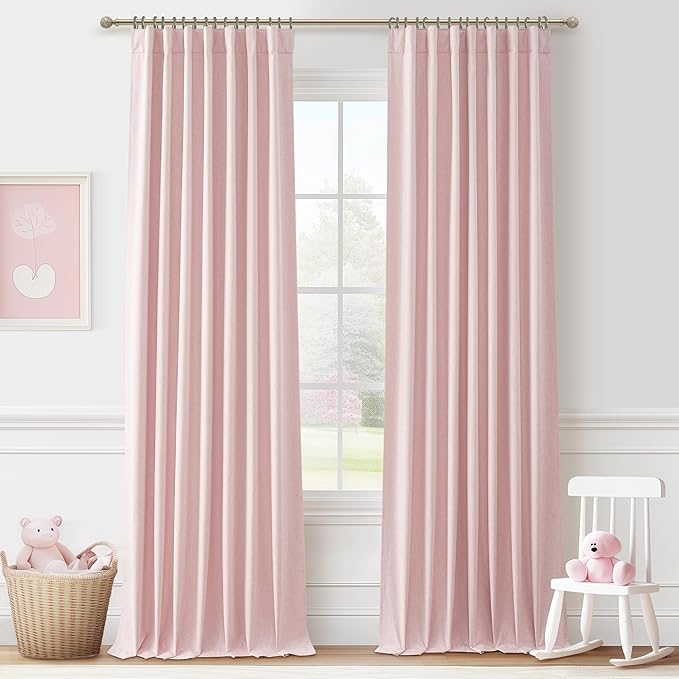 Pink Thick Linen Thermal Blackout Curtains 96 Inch Long by QJMYDECO