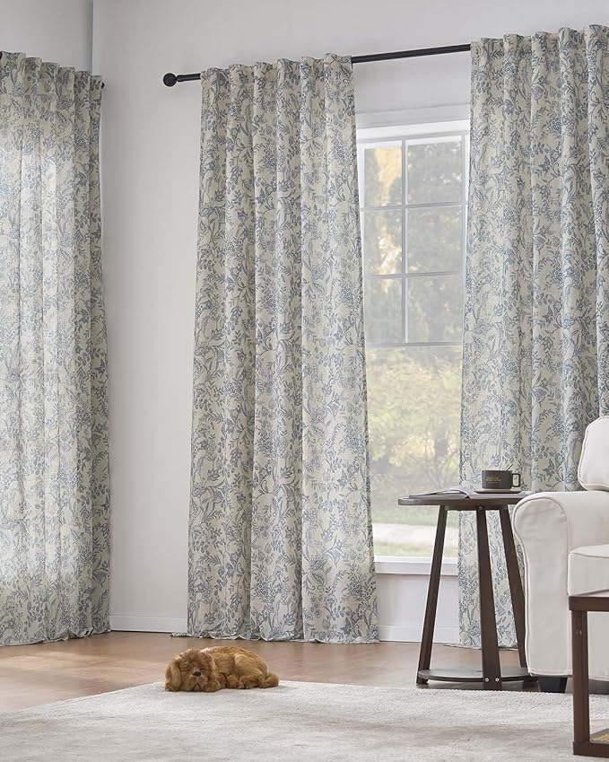 Vangao Lined Linen Curtains for Bedroom Floral Curtains 63 Inches Long Blue - Image 5