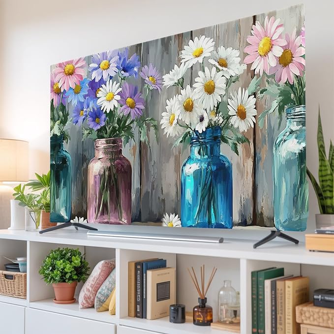 Rustic Flower Vase Retro Wood Indoor TV Cover, Elastic TV Screen Protector - Image 6