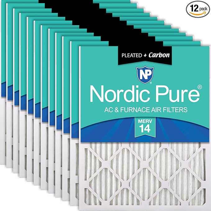Nordic Pure 16x16x1 Pleated MERV 14 Plus Carbon Air Filters 12 Pack | Actual by NordicPure