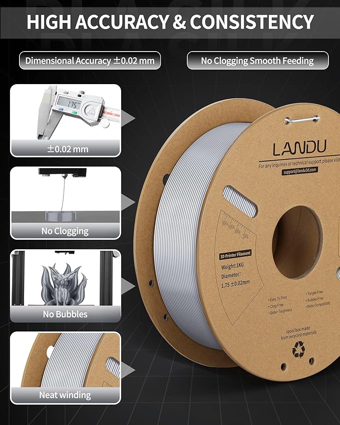 LANDU Silk PLA Filament 1.75mm Silver 1KG, 3D Printer Filament Dimensional - Image 3