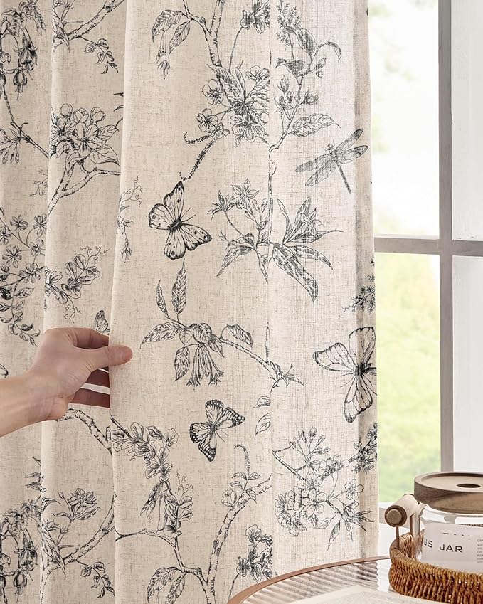 jinchan Floral Linen Curtains for Living Room 84 Inch Length Butterfly Curtain - Image 3