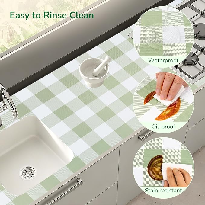 Practical Gingham Green Shelf Liner, Non-Adhesive Drawer Liner Non-Slip Cabinet - Image 3