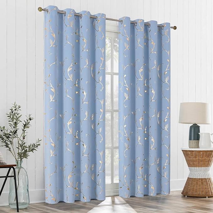 BUHUA Blackout Curtains Gold Foil Print Flower Vine Grommet Drapes, Room - Image 7