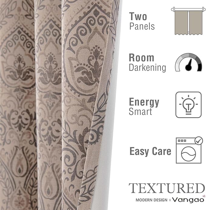 Vangao Damask Curtains 63 Inch Length 2 Panels Gray Paisley Medallion Print - Image 7