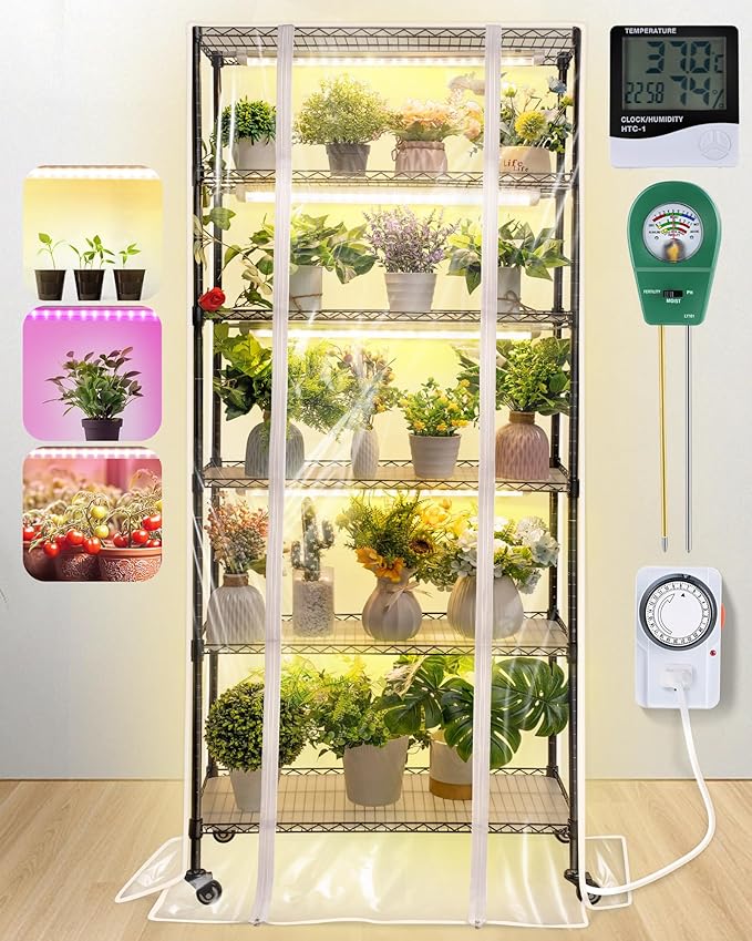 Meonum Indoor Greenhouse with Grow Lights, 6 Tier Metal Plant Shelf with Cover by Meonum