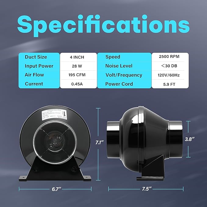 iPower 4 Inch 195 CFM Inline Duct Exhaust Fan Air Vent Booster Ventiliation - Image 3