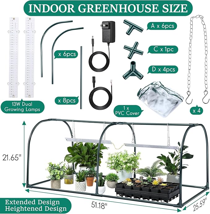 Meonum Mini Greenhouse with Grow Light, 51.18 "L x 25.59" W x 21.65" H Portable - Image 2