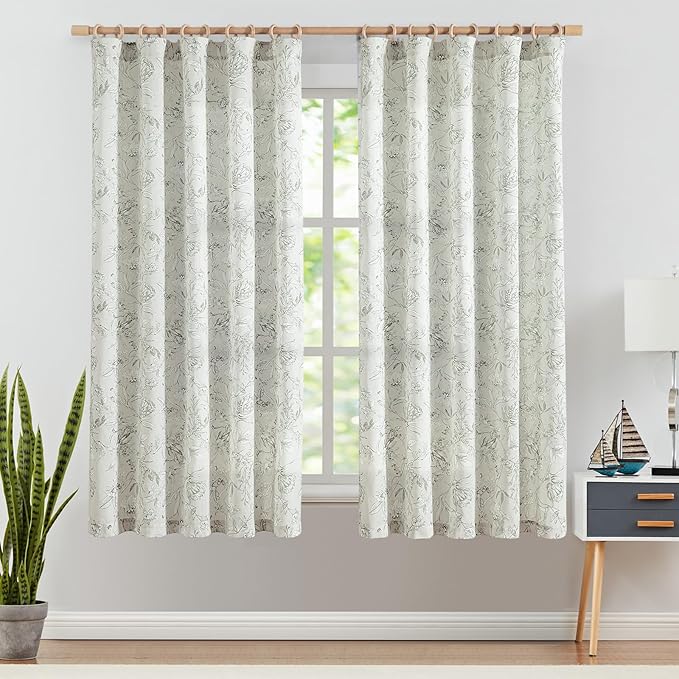 jinchan Floral Curtains 63 Inch Length Charcoal Grey Flower Linen Farmhouse by JINCHAN