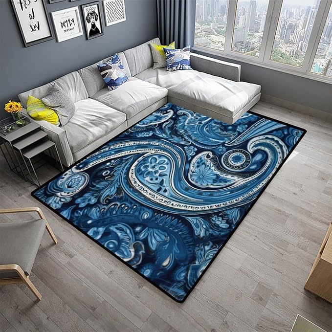Blue Paisley Design Printing Washable Runner Rug - Image 2