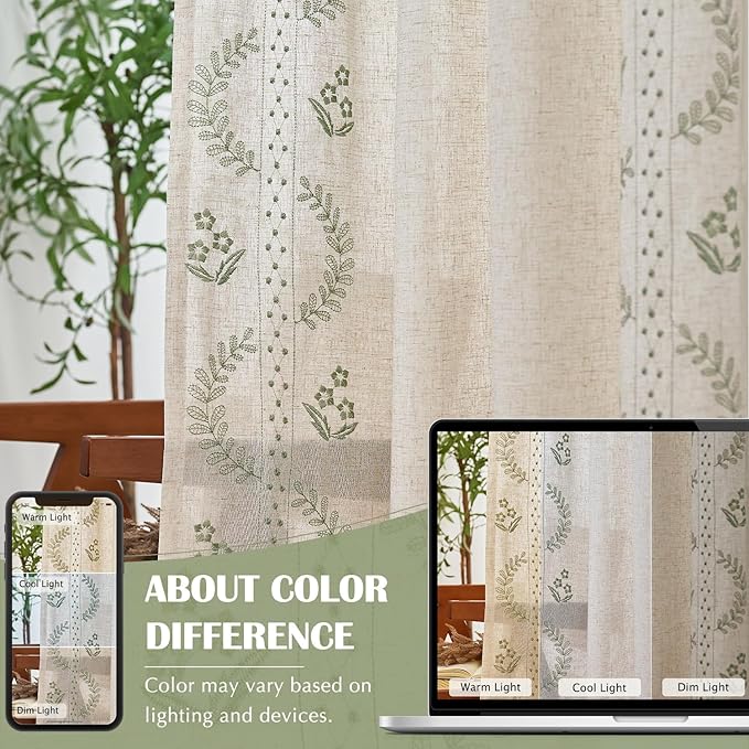 jinchan Belrose Linen Curtains for Bedroom Floral Curtains 63 Inch Length Linen - Image 8